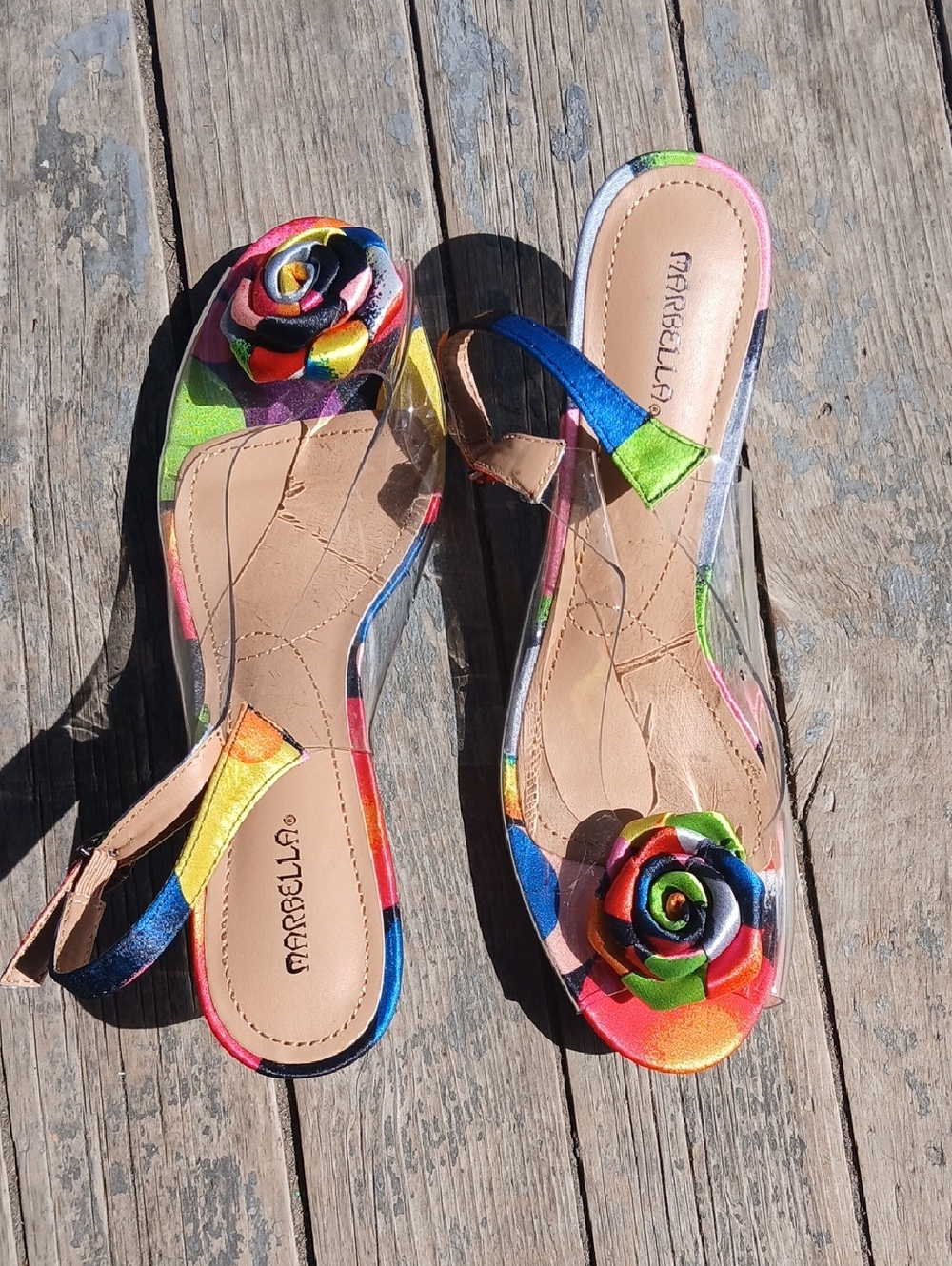 MARBELLA 11W Multicolor Floral Rosette Bow Glass Heel Shoes